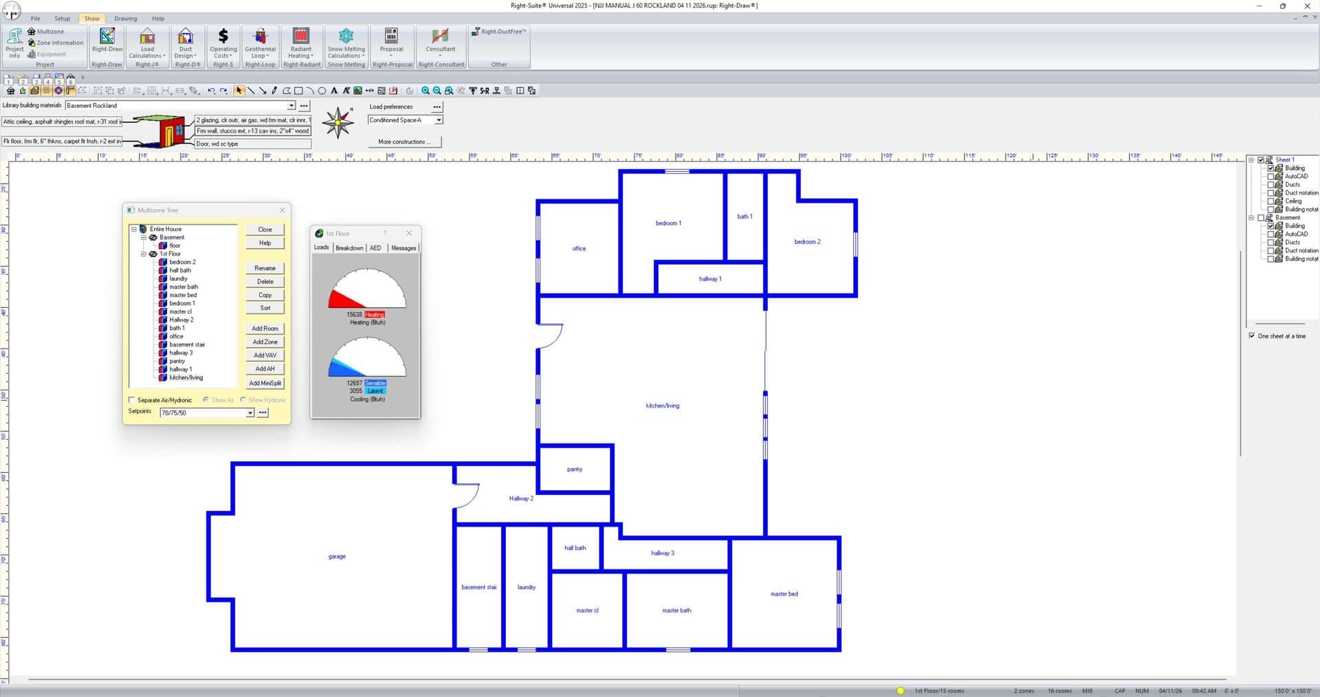 Manual J load calculation software showing room-by-room heating and cooling loads